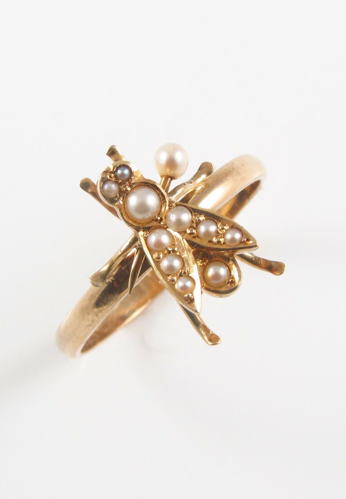 Antique 14K Gold Victorian Edwardian Pearl Fly Insect Conversion Ring Size 8