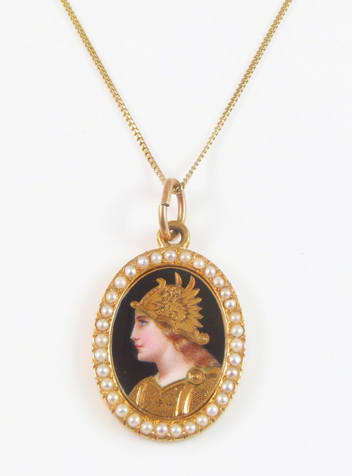 Antique 18k Gold Swiss Enamel & Pearl Portrait Athena Goddess Pendant Necklace