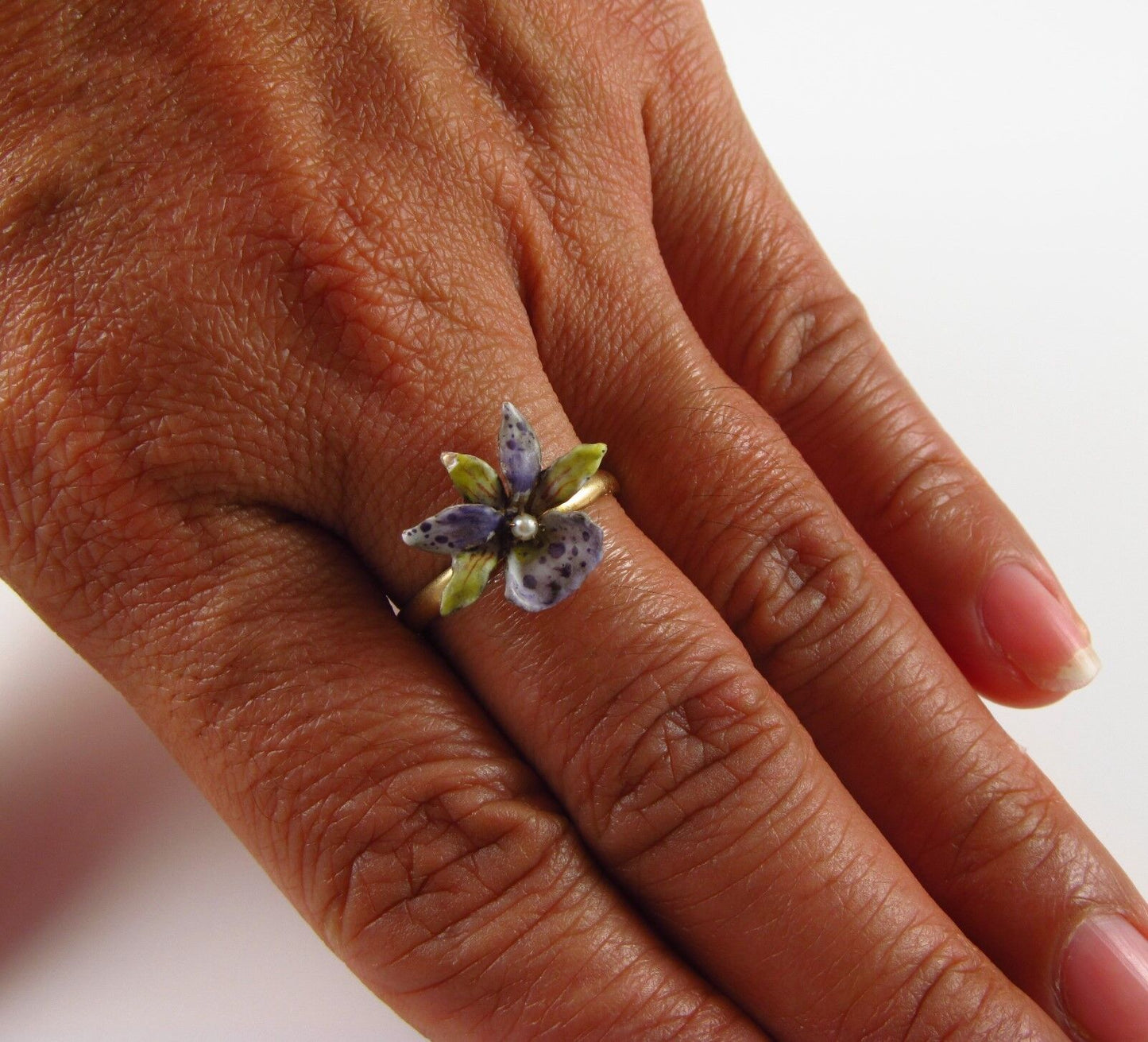 Antique 10k Gold Art Nouveau Enamel & Pearl Blooming Lily Flower Ring Size 7.5