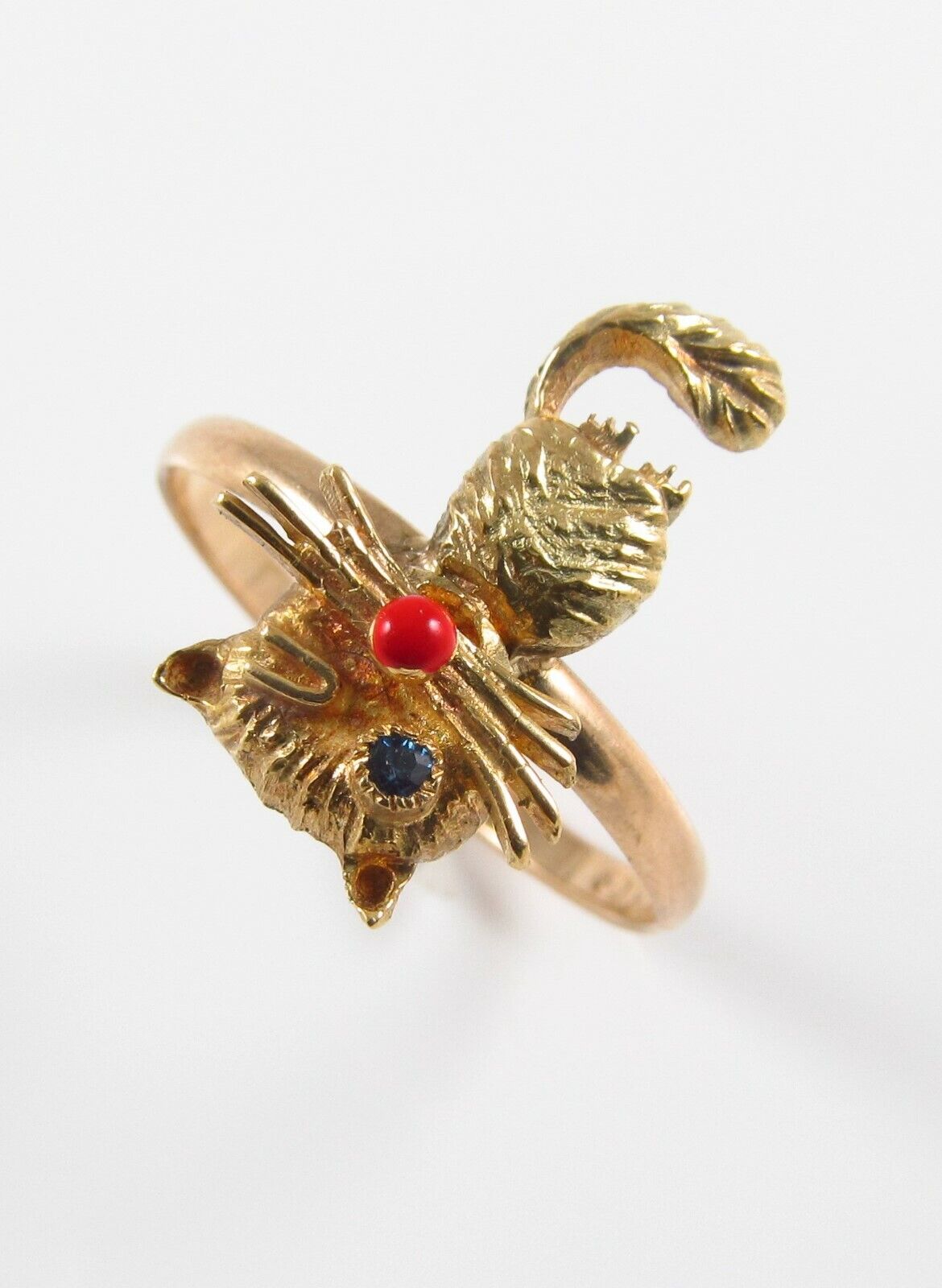 Vintage 14k Yellow Gold Sapphire Eyed & Winking Cat Conversion Ring Size 8.75