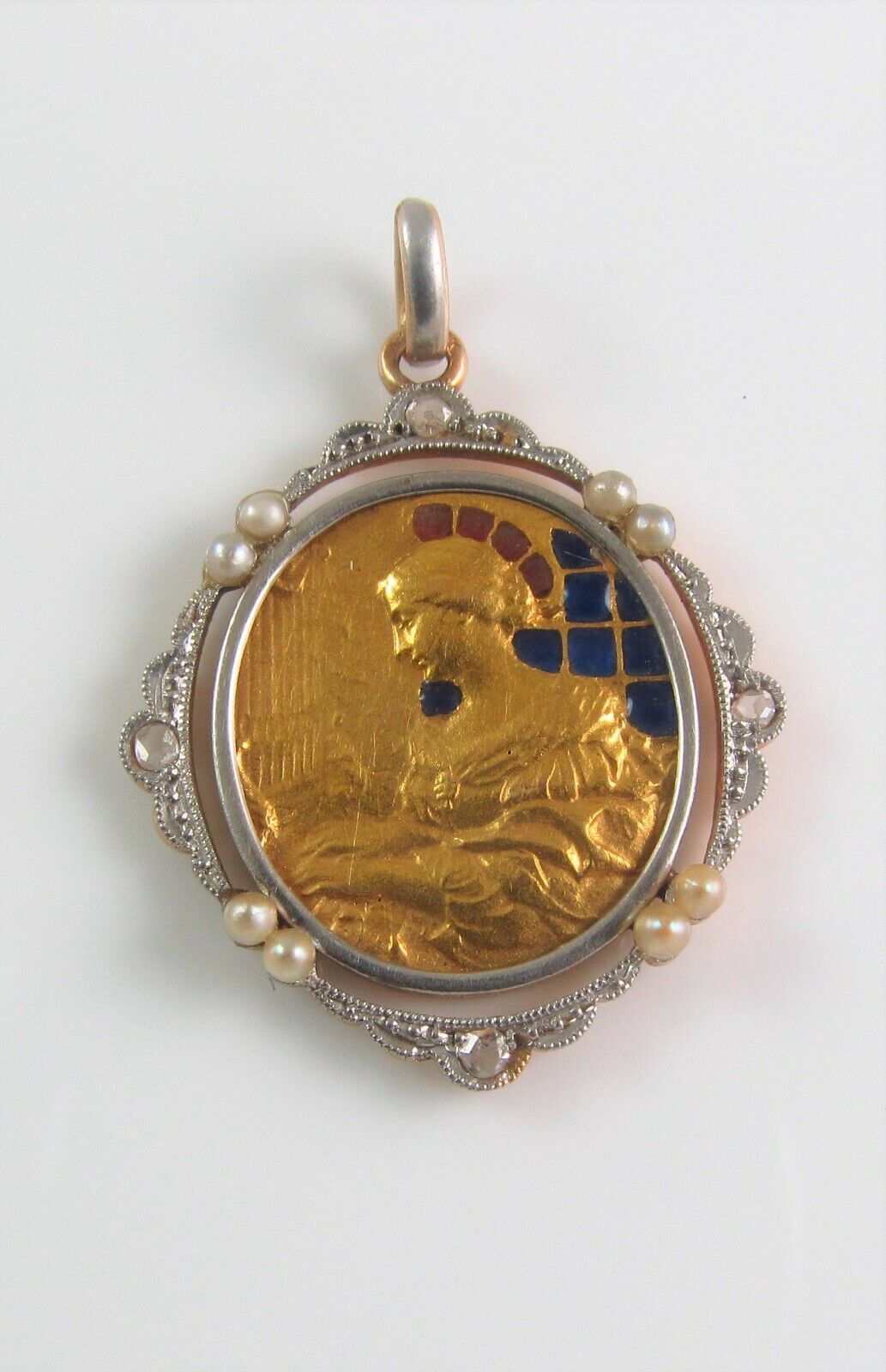 Antique 18K Gold Platinum Plique A Jour Enamel Diamond Pearl St. Cecilia Pendant