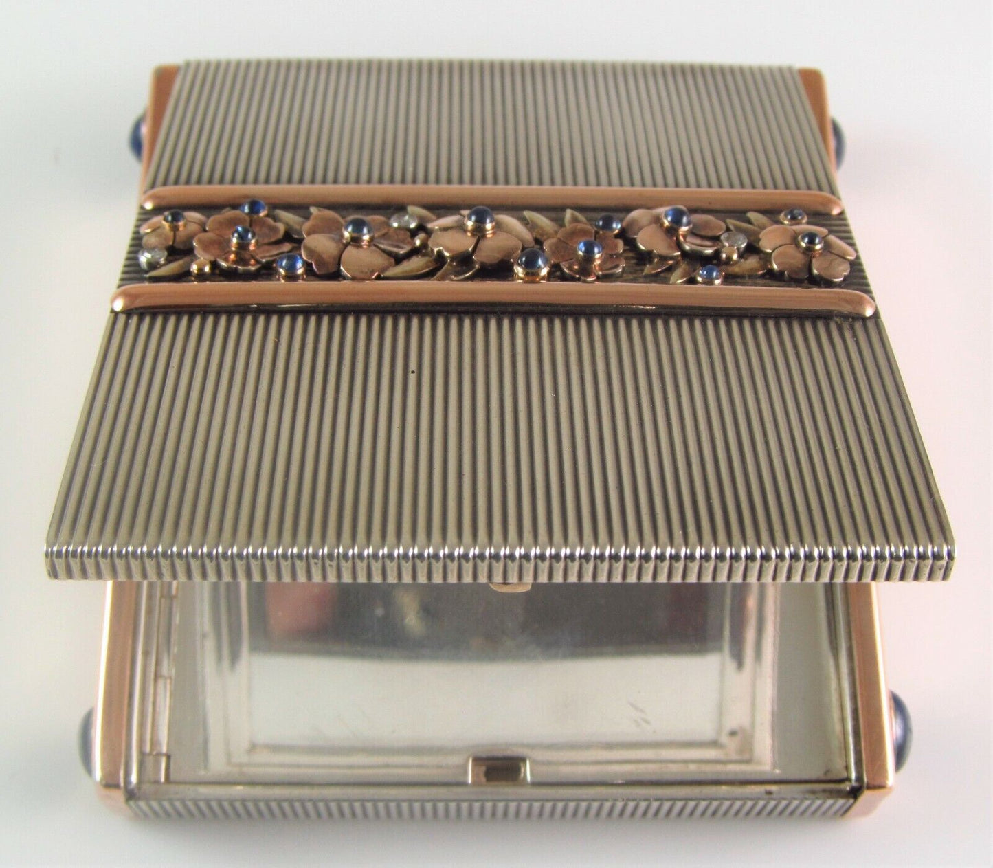 French Art Deco 18K Gold & Silver Sapphire & Diamond Floral Compact By Ostertag