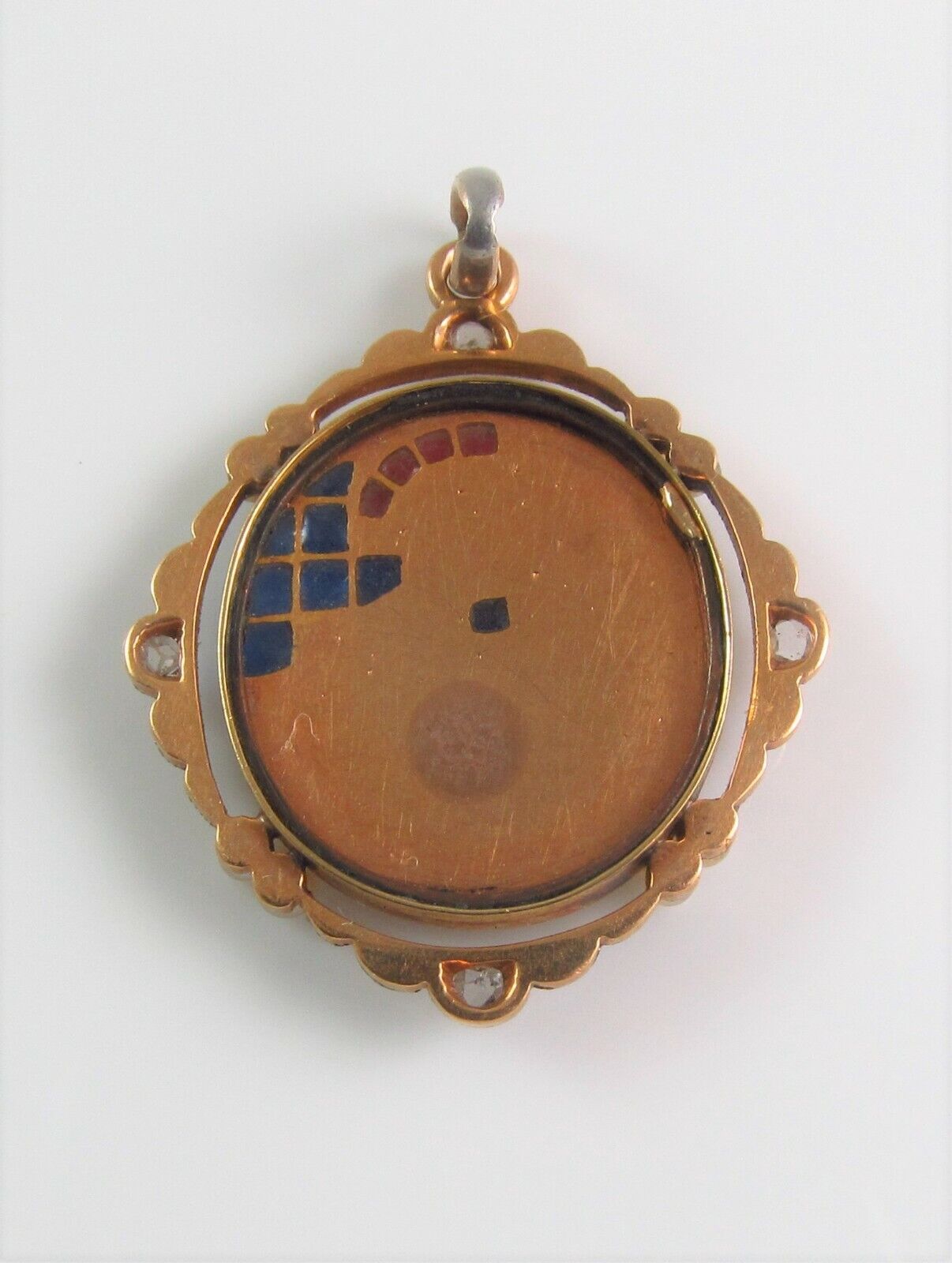 Antique 18K Gold Platinum Plique A Jour Enamel Diamond Pearl St. Cecilia Pendant