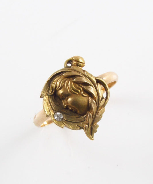 Petite 14k Gold Victorian Art Nouveau Lady Diamond Conversion Ring Size 6