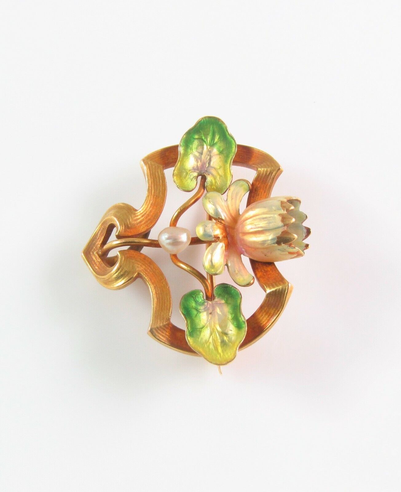 Antique 14k Gold Art Nouveau Whiteside & Blank Enamel Water Lily Brooch Pin