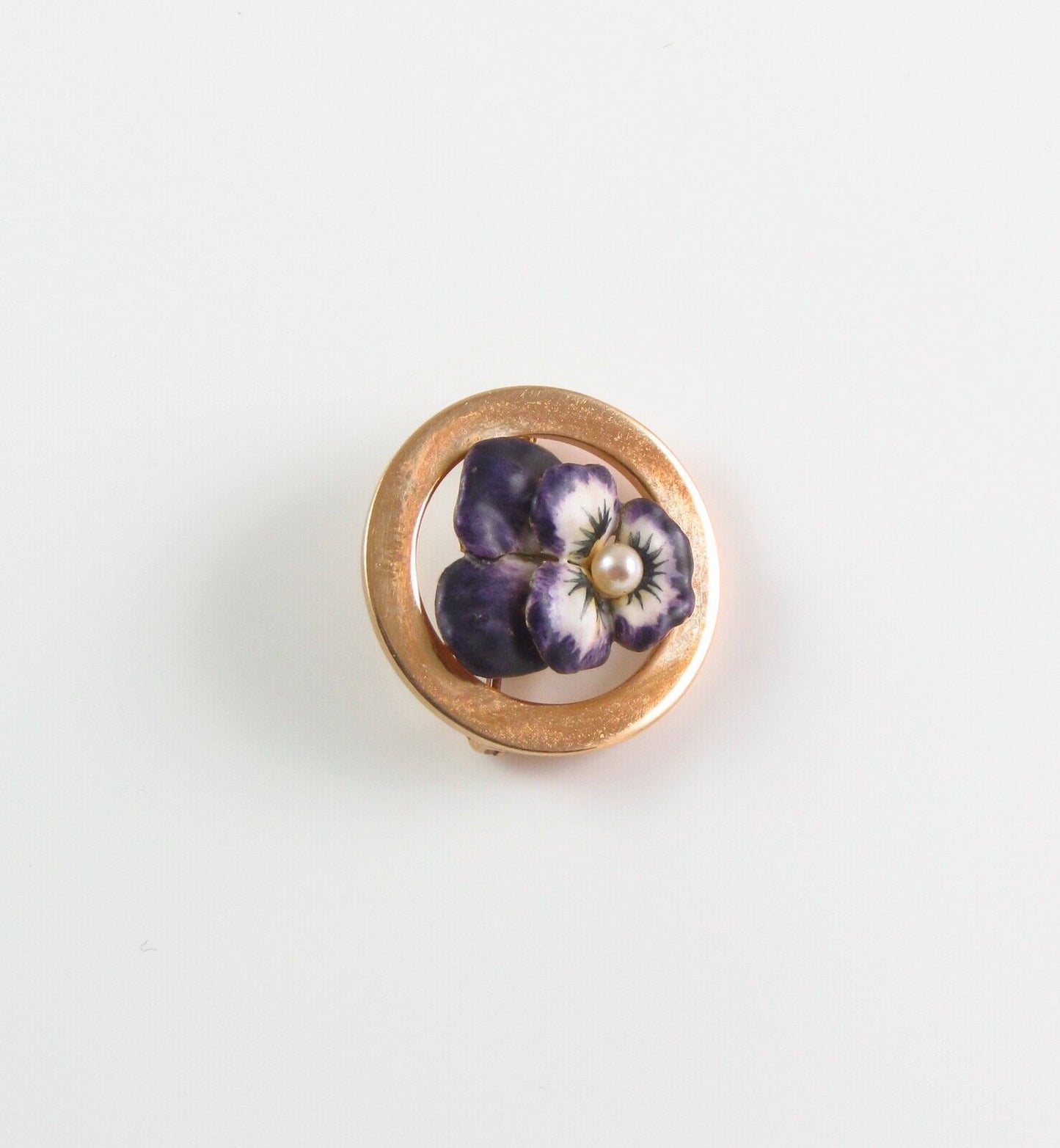 Petite 14k Gold Art Nouveau Krementz Enamel Pansy Pearl Circular Brooch Pin