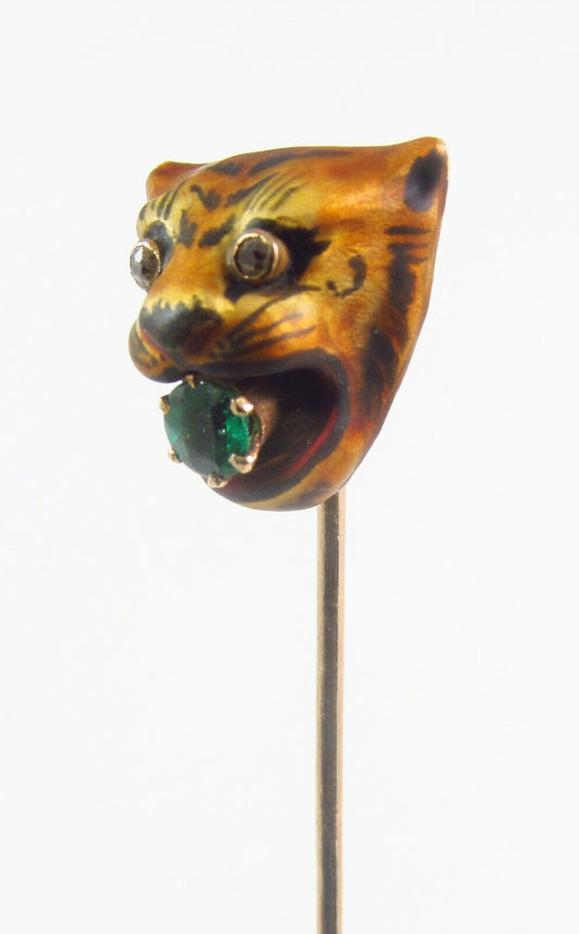 Antique 14k Gold Art Nouveau Enamel & Diamond Eyed Tiger Cat Stick Pin