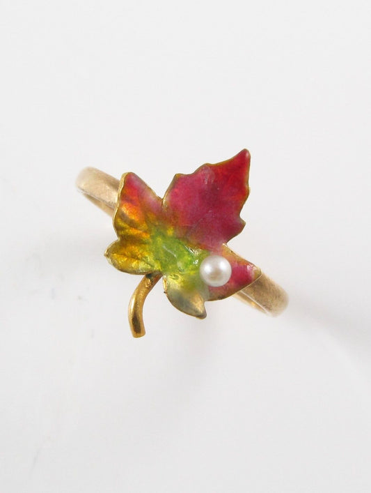 Antique 14k Gold Art Nouveau Victorian Enamel & Pearl Maple Leaf Ring Size 4.5