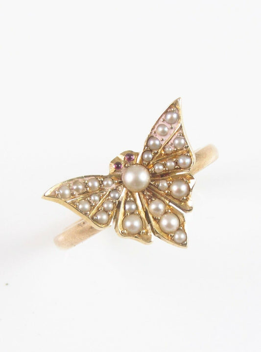 Antique 14k Gold Victorian Ruby Eyed Butterfly Pearl Conversion Ring Size 6.25