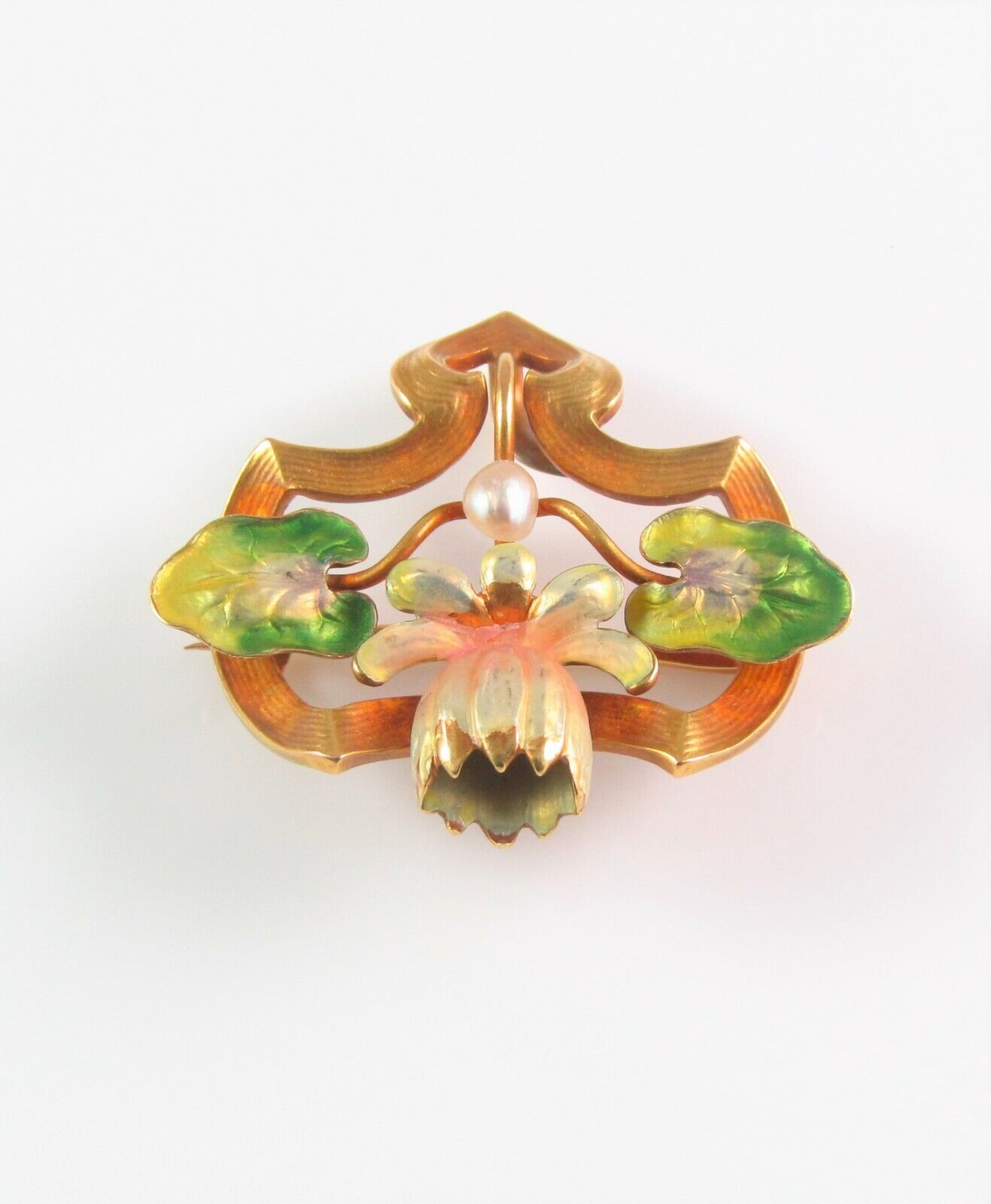 Antique 14k Gold Art Nouveau Whiteside & Blank Enamel Water Lily Brooch Pin