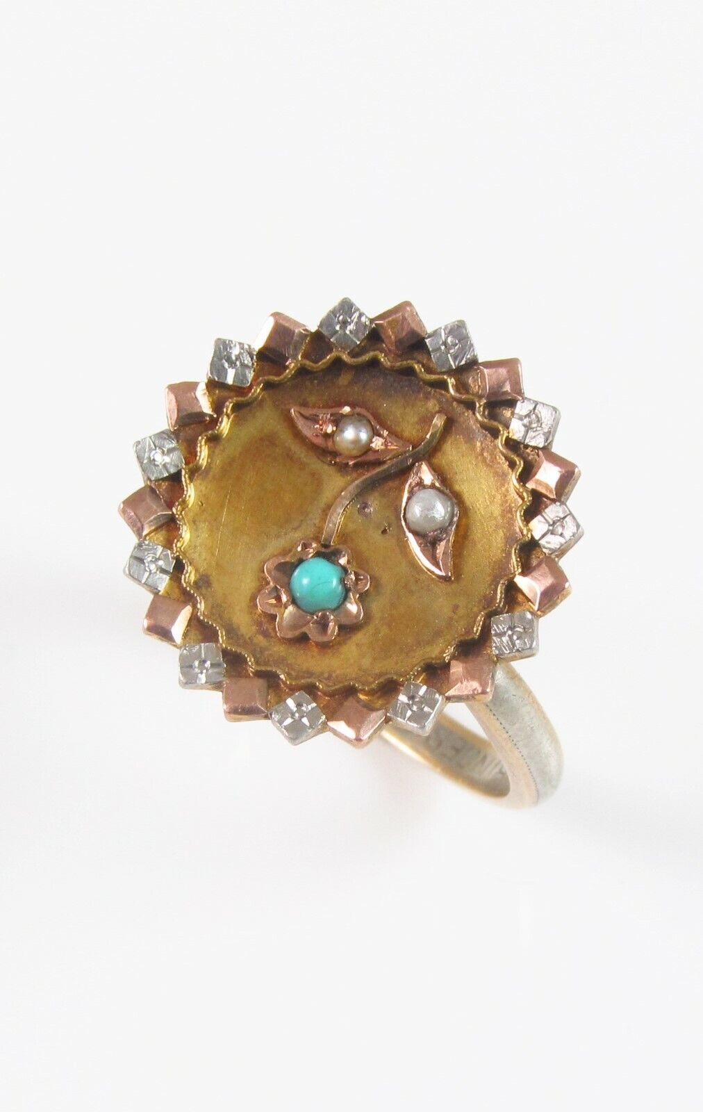 Antique 10K Gold Victorian Turquoise & Pearl Flower Conversion Ring Size 5.75