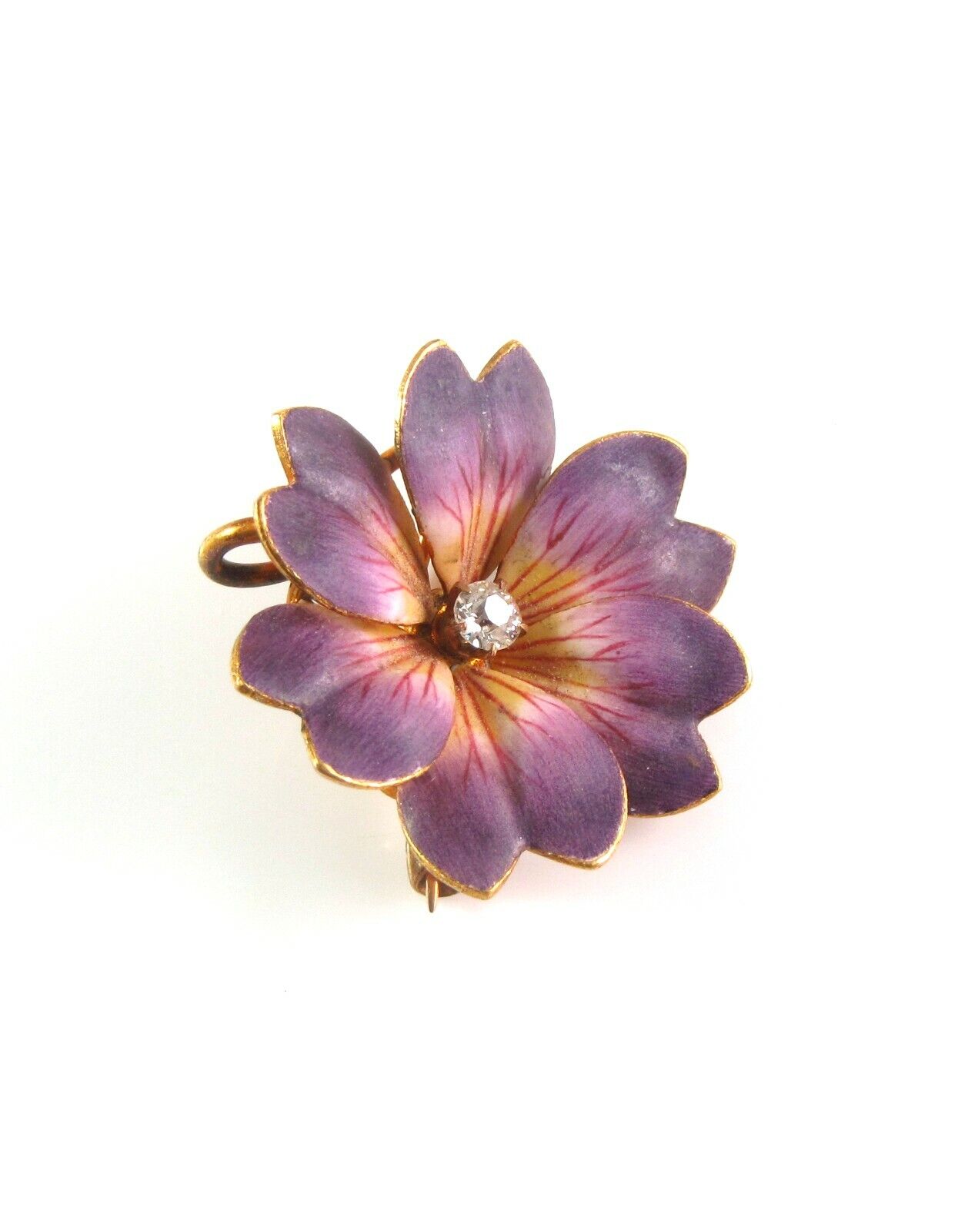 Carter Gough 14k Gold Art Nouveau Enamel Diamond Violet Flower Watch Pin Brooch