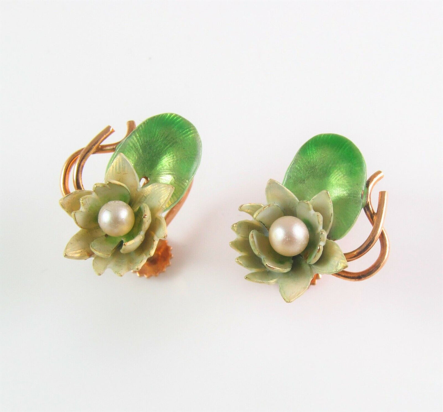 Antique 14k Gold Krementz & Co Enamel Art Nouveau Pearl Lotus Lily Pad Earrings